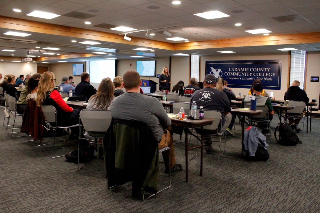 A room full of people looks at a woman speaking at the front of the room