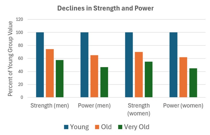 A graph showing the percentage decline in muscle strength among male and female athletes with aging